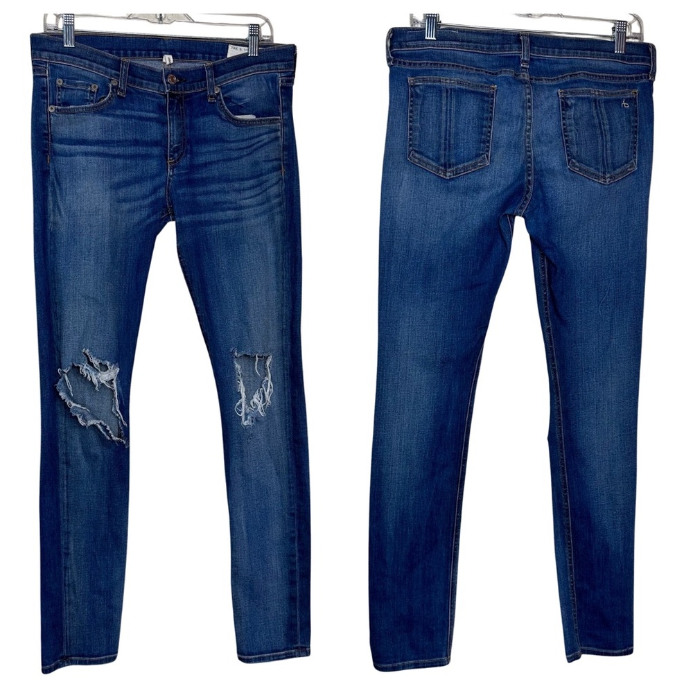 Rag & Bone Skinny Distressed Destroyed Knee Midrise Medium Wash Ankle Jeans 29